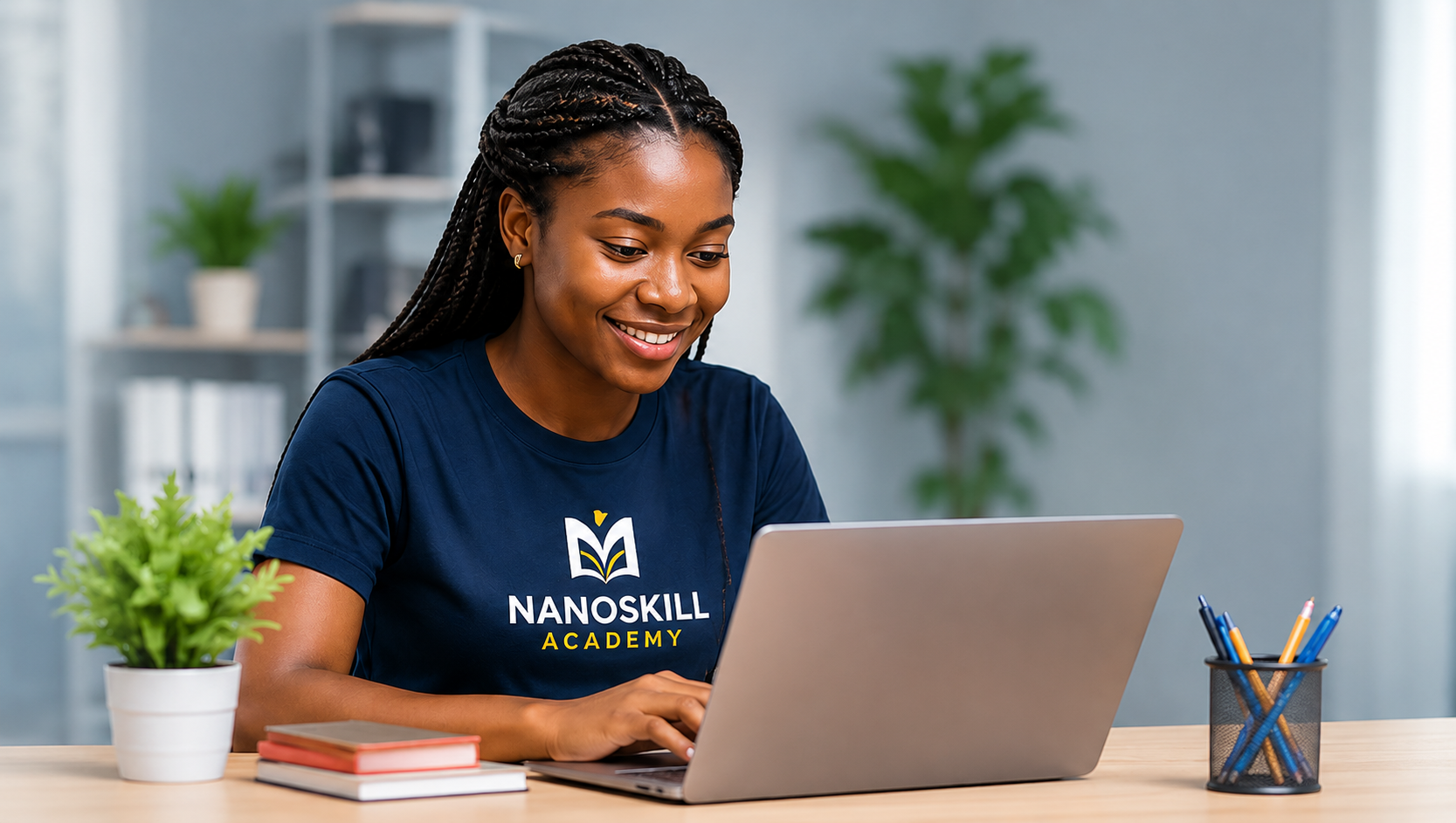 NanoSkill Academy learner using a laptop